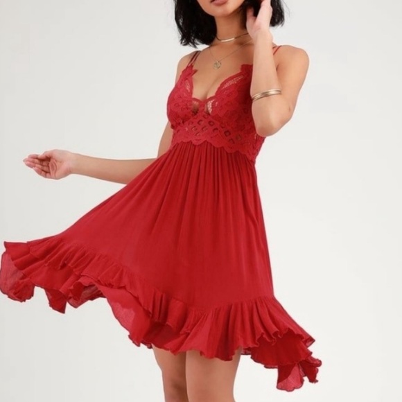 Free People Adella Red Lace Dress - Flowy, Size Small / P - Picture 4 of 5